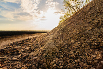 a large pile of manure on the background of a field, the concept of organic fertilizers for cultivation and agriculture