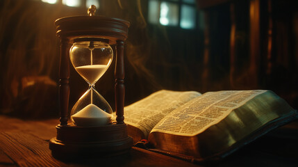 The Sands of Time: A Symbolic Moment with an Hourglass and Bible