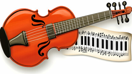 Fototapeta premium Orange violin, musical notes, piano keys, white background; music education illustration