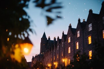 Fototapeta premium An ancient castle looms against a star-filled sky, with distant window lights casting eerie reflections on its stone walls, creating a haunting atmosphere