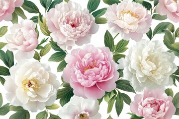 Beautiful floral arrangement featuring peonies in shades of pink and white with lush green leaves on a light background