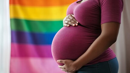 Expectant Mother Gently Holding Baby Bump Pregnancy Rainbow Flag Background Happy Healthy Lifestyle Expecting Parent Beautiful Motherhood Image Tender Care Positive Future Joyful Moment Precious Life 
