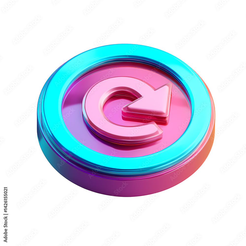 Poster 3d render of a glossy pink and cyan circular replay button icon