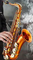 Obraz premium Musician playing alto saxophone, smoky jazz club background, musical performance, website banner