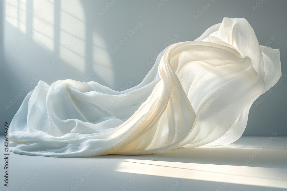 Poster flowing white fabric creates an ethereal look in soft natural light streaming through window