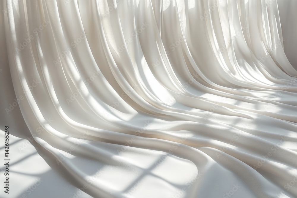 Poster soft white fabric cascading gracefully in warm sunlight, creating a serene and tranquil atmosphere i