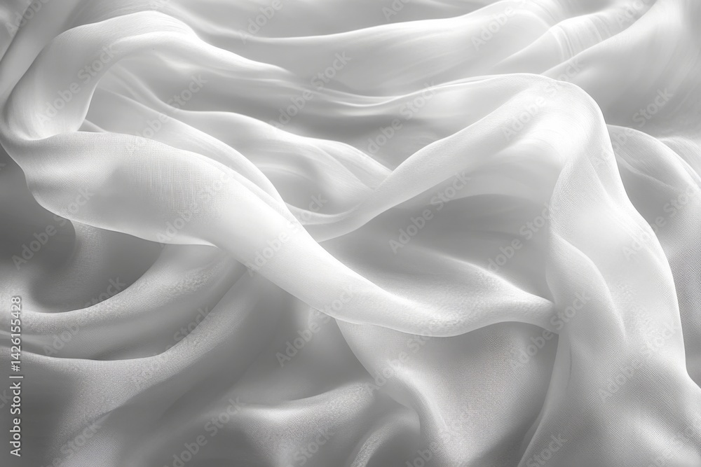 Poster Soft white silk fabric elegantly draped on a surface creating smooth curves and waves