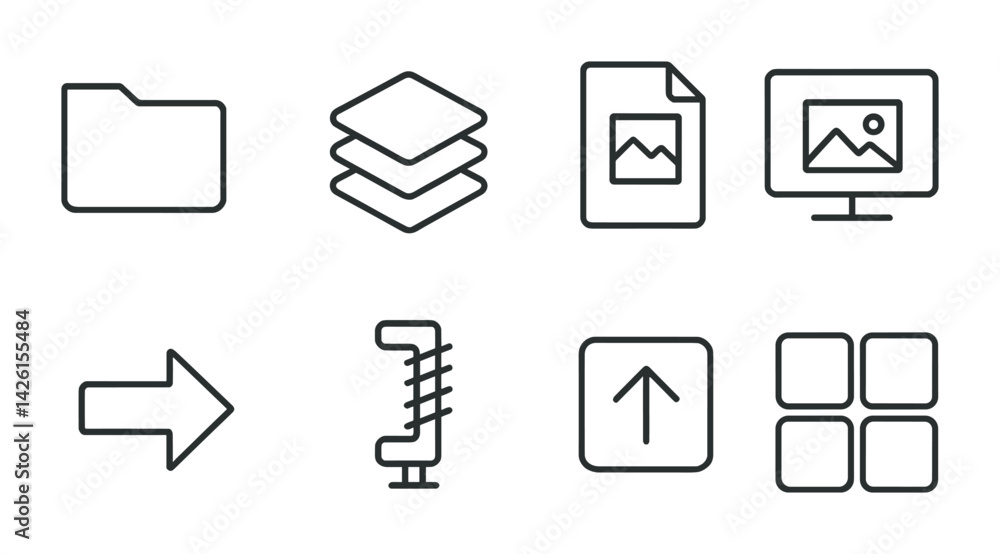 Poster essential file and storage icons set: linear style for digital organization