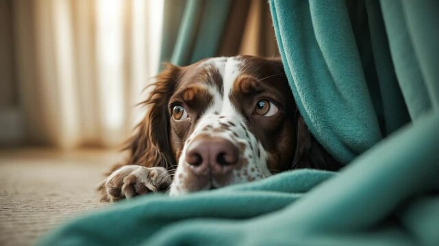 The dog hides behind the curtains, frightened to go outside. Exploring dogs' anxiety related to sounds. Mental health of pets, increased emotions, and sense of insecurity.
