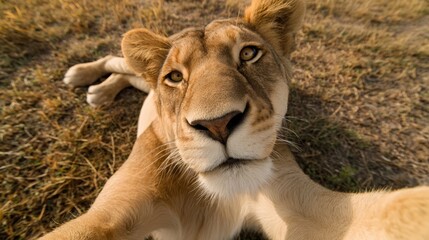 Fototapeta premium Close-up of lioness taking selfie in natural habitat