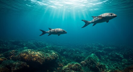 Two fish swimming in clear ocean water over coral reef