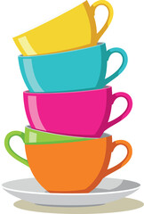Colorful stacked coffee cups with yellow turquoise pink green and orange in vector illustration 