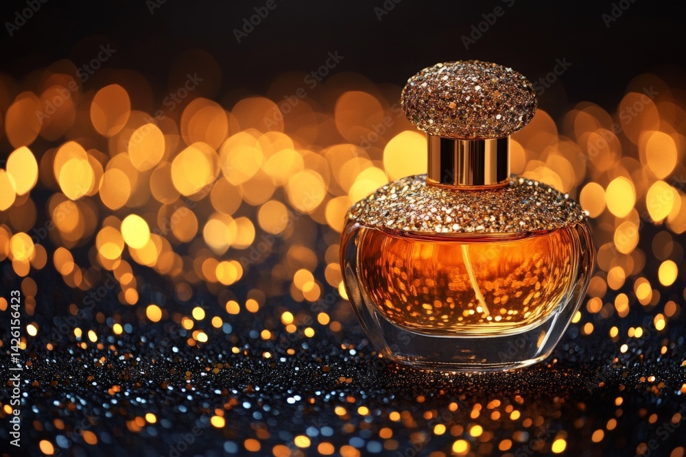 Poster elegant perfume bottle sparkles against a backdrop of golden bokeh lights in a festive atmosphere