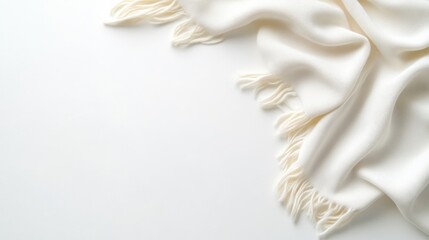 A soft white scarf with delicate fringe draped elegantly on a pristine white surface, minimalistic composition with clean lines, and luxury and elegance concept.