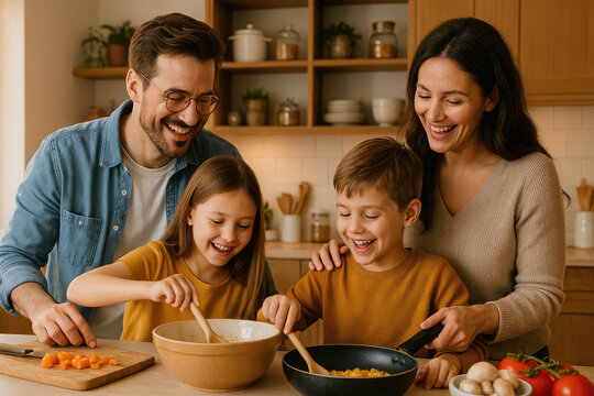 Happy smiling family spending good time together while cooking in the kitchen.Father,mother, son and daughter preparing dinner at home.