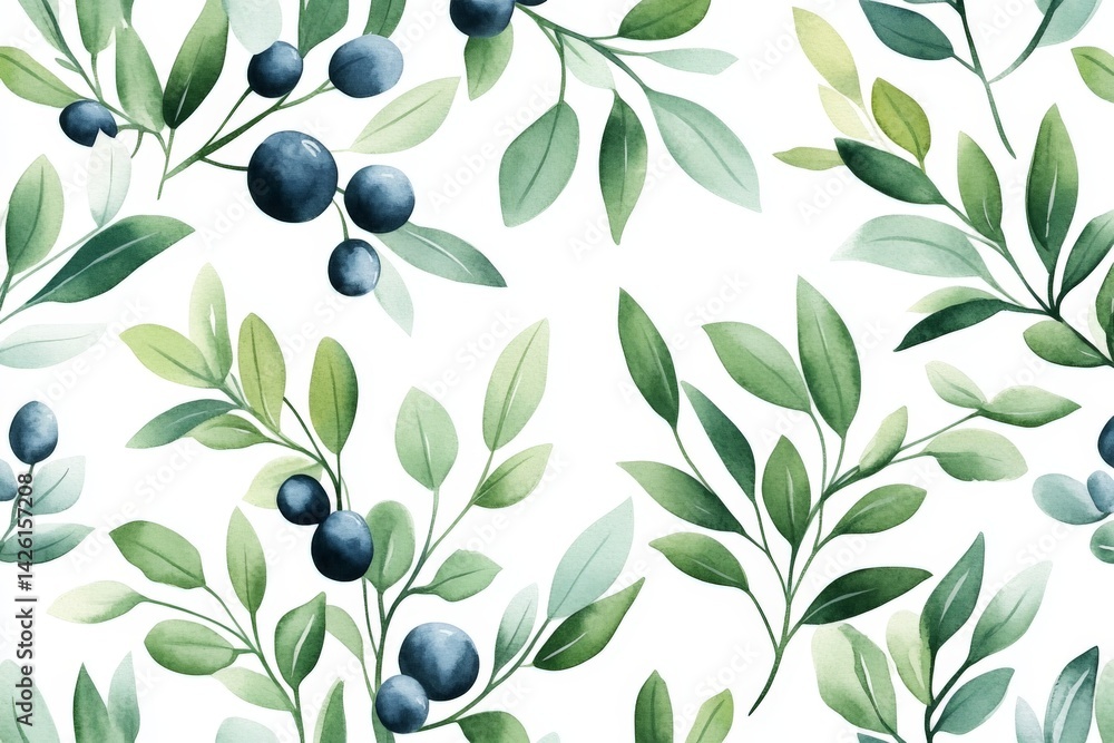 Aufkleber elegant green and blue botanical pattern with leaves and berries on soft white background