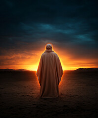Moroccan desert prophet with glowing eyes scanning horizon solar array woven into robe blazing sunset