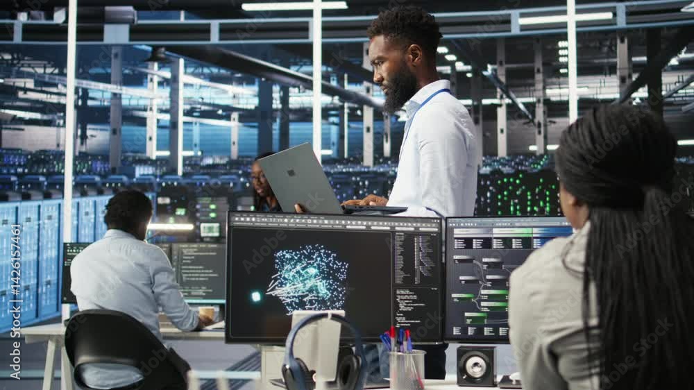 Poster data center system administrator analyzing infrastructure issues using node tree tools. man in serve