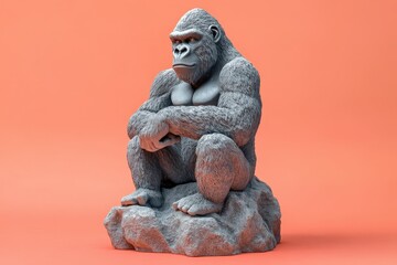 Fototapeta premium Gray gorilla statue sits serenely on a rock.
