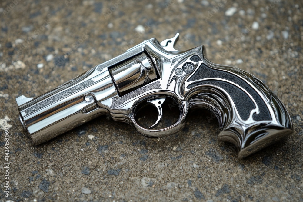 Poster Elegant revolver resting on textured surface highlighting intricate design and craftsmanship in natural light