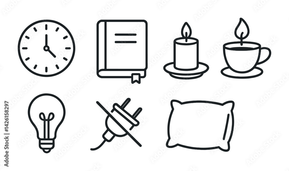 Poster night routine icon set: essentials for relaxation and sleep in linear style