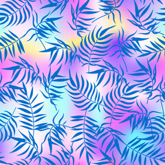 Abstract tropical palm leaf seamless pattern. Trendy summer holographic texture, blue palm leaves print on neon gradient background. Vector jungle pattern for wrapping, decor, wallpapers, cover.