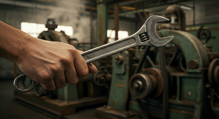 Skilled worker holding wrench in industrial setting ready for machinery repair and maintenance work