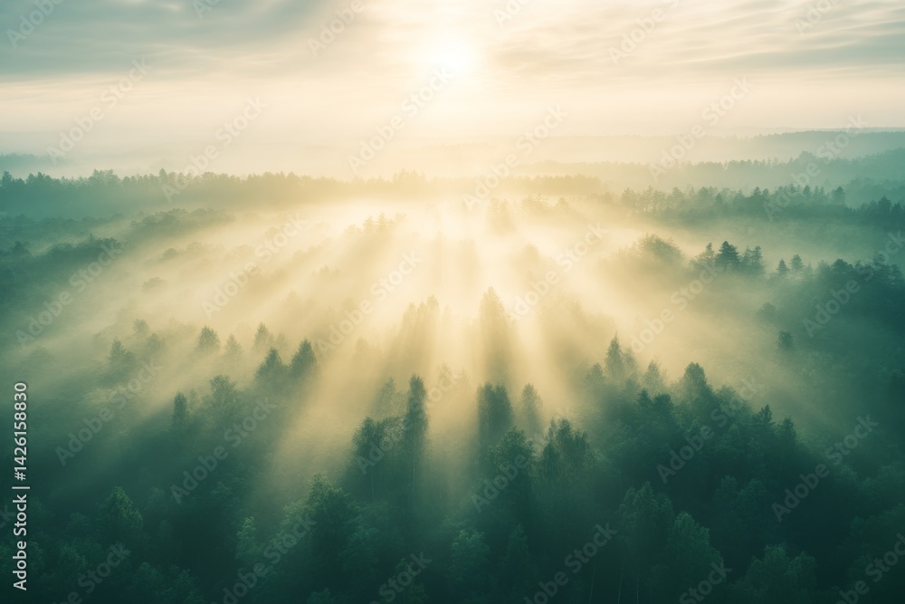 Poster the forest sits softly draped in morning mist as sunlight filters through, illuminating the trees an
