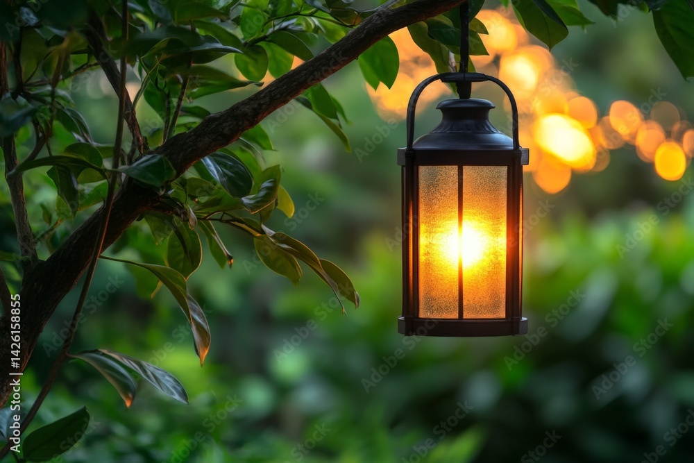 Poster lantern hanging from a tree branch lights up a garden at dusk, casting a warm glow against the lush 