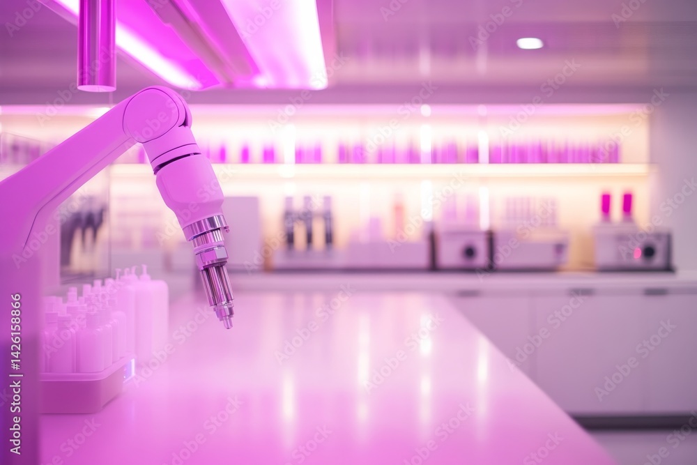 Aufkleber sleek robotic arm assists in tasks at a futuristic office, bathed in soft neon lighting that enhance