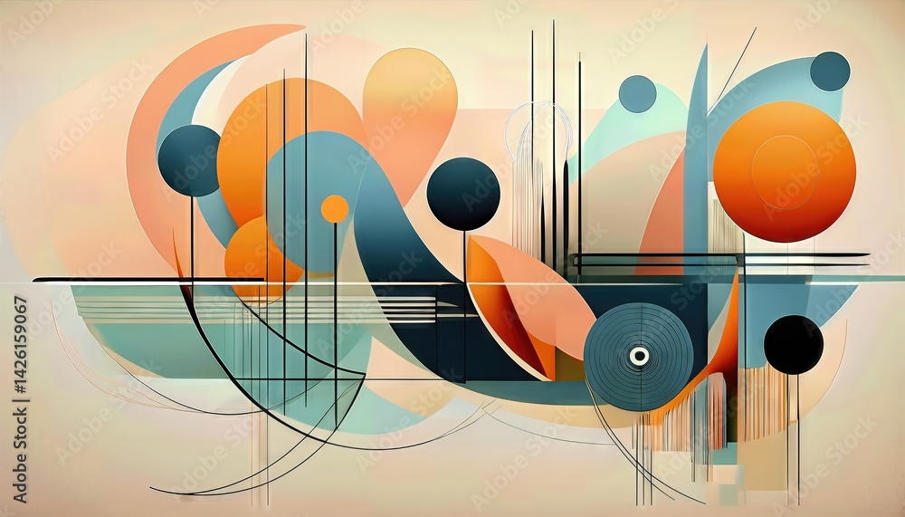 Poster modern abstract art dynamic forms and lines in a vibrant palette of cool hues, creating an energetic