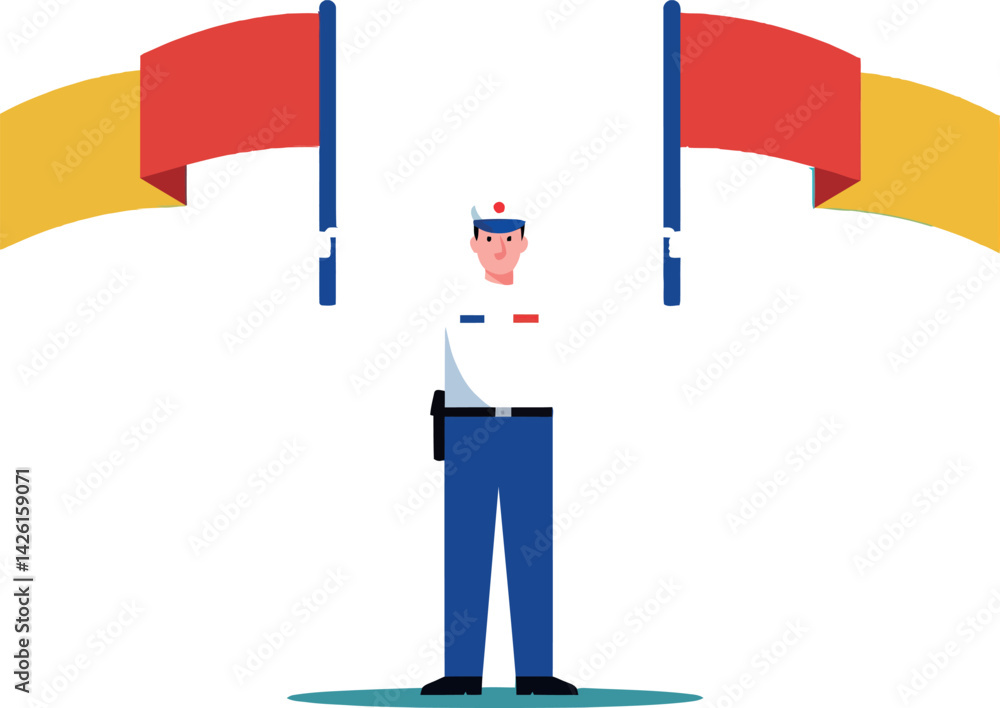 Poster semaphore signal operator with red and yellow flags vector illustration in minimal style