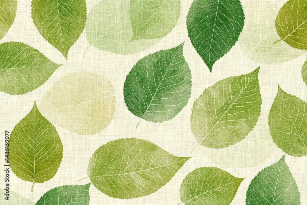 Poster decorative pattern of various leaf shapes in shades of green on a light background showcasing natura