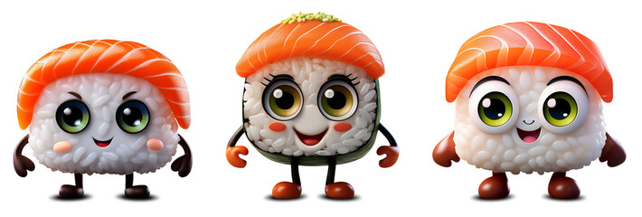 Fototapeta premium Cartoon character of a cute smiling little sushi with big eyes, feet and hands, looking at camera. Isolated on white or transparent background, collection and variation. Png. Generative Ai.