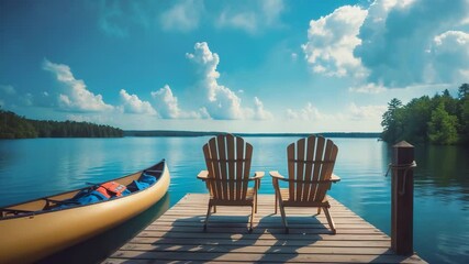 Two chairs on a wooden dock overlook the blue waters. Nearby, life jackets are visible, and a canoe is tied with paddles stored inside.