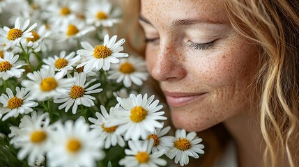 Relaxed woman enjoying chamomile flowers