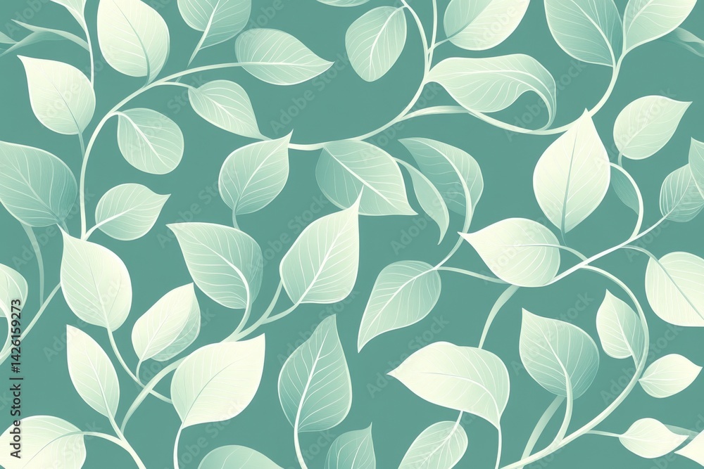 Poster leaves and vines create a delicate pattern on a teal background, emphasizing nature's beauty in mode