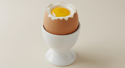 Delicious Soft Boiled Egg Served in Elegant White Ceramic Cup On Beige Backdrop