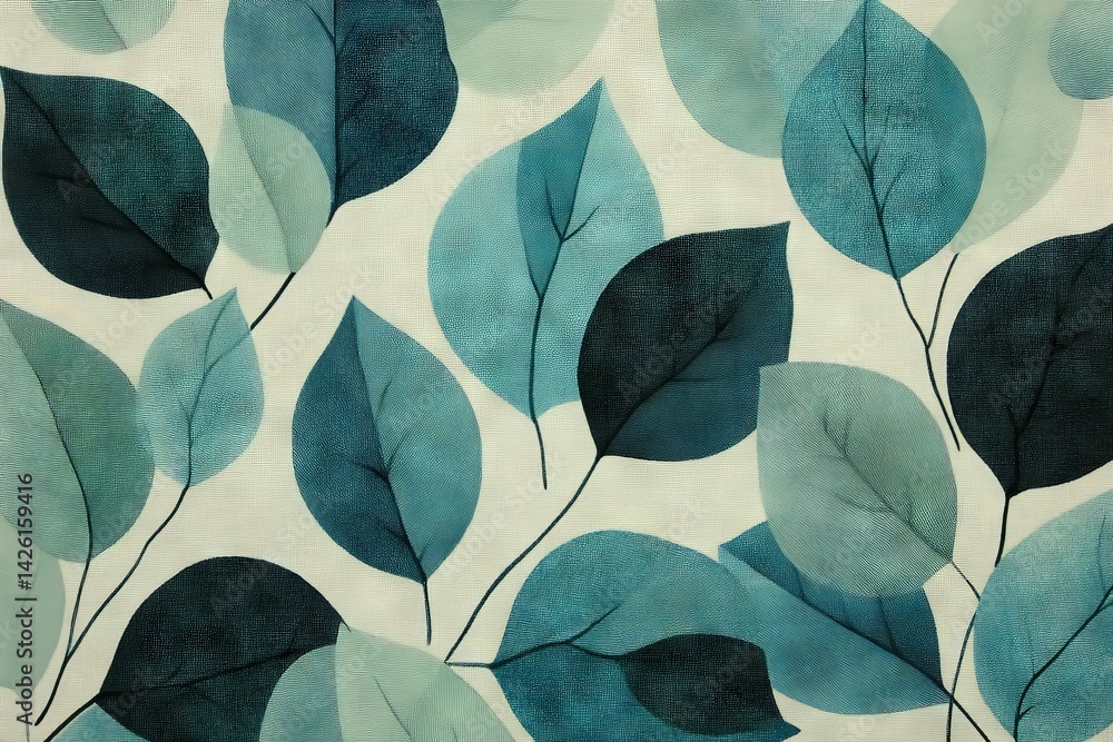Poster leaves in various shades of blue and green create a tranquil pattern on a light backdrop, perfect fo