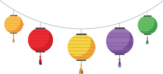 Colorful hanging paper lanterns decoration in red yellow purple green vector illustration 