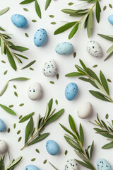 Colorful speckled Easter eggs with green leaves on white background. Holiday celebration concept.
