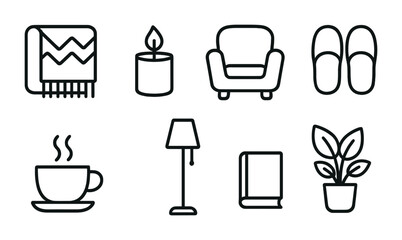 Cozy home living icon set: linear outline style featuring essentials and decor elements