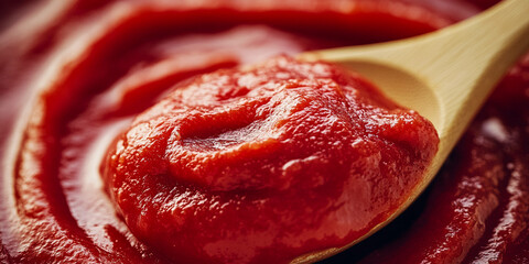 Freshly prepared pasta or pizza sauce in bowl with wooden spoon