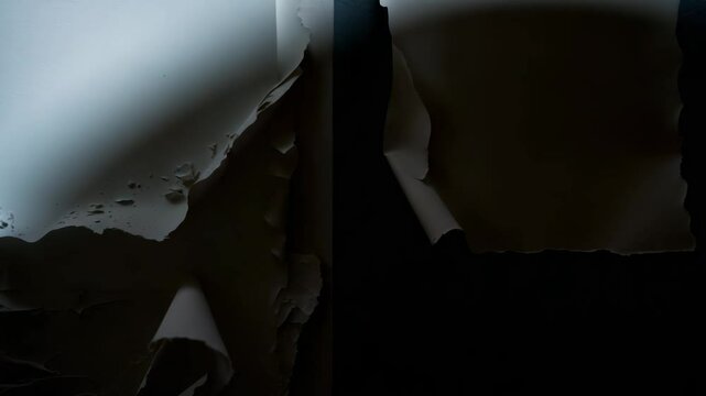 Close-up of two creased sheets on the wall.