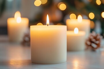 Warm candles illuminate a cozy setting during the holiday season with soft bokeh lights and festive decor