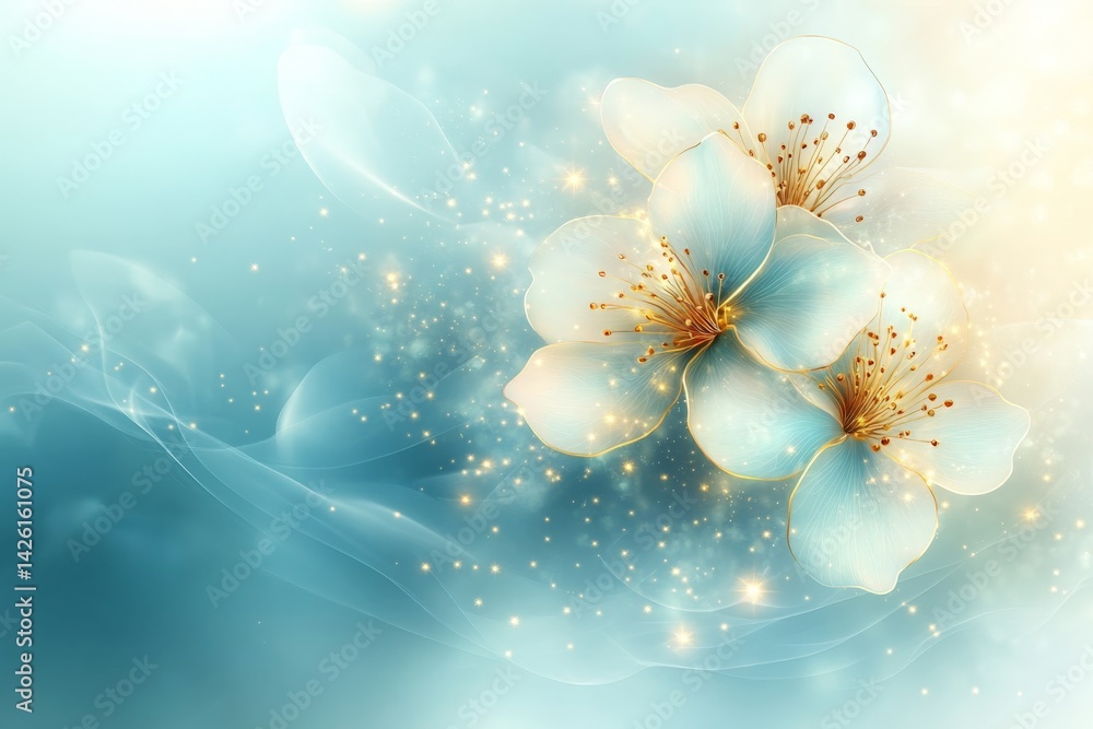 Poster beautiful blossoms are illuminated by soft light in a serene, dreamy environment with a calming colo