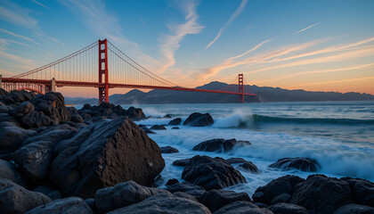 Golden Gate Bridge at Sunset from Rocky Shoreline