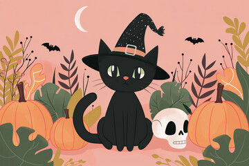 Fototapeta premium Black cat with witch hat, pumpkins and skull in autumn forest. Halloween celebration theme. 