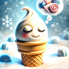 A cute smiling ice cream cone dreams of candy in a snowy, sparkling winter scene, surrounded by frosty details, glowing snowflakes, and a magical, festive atmosphere.