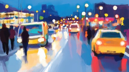 Fototapeta premium Rainslicked city streets reflecting luminous taxi lights